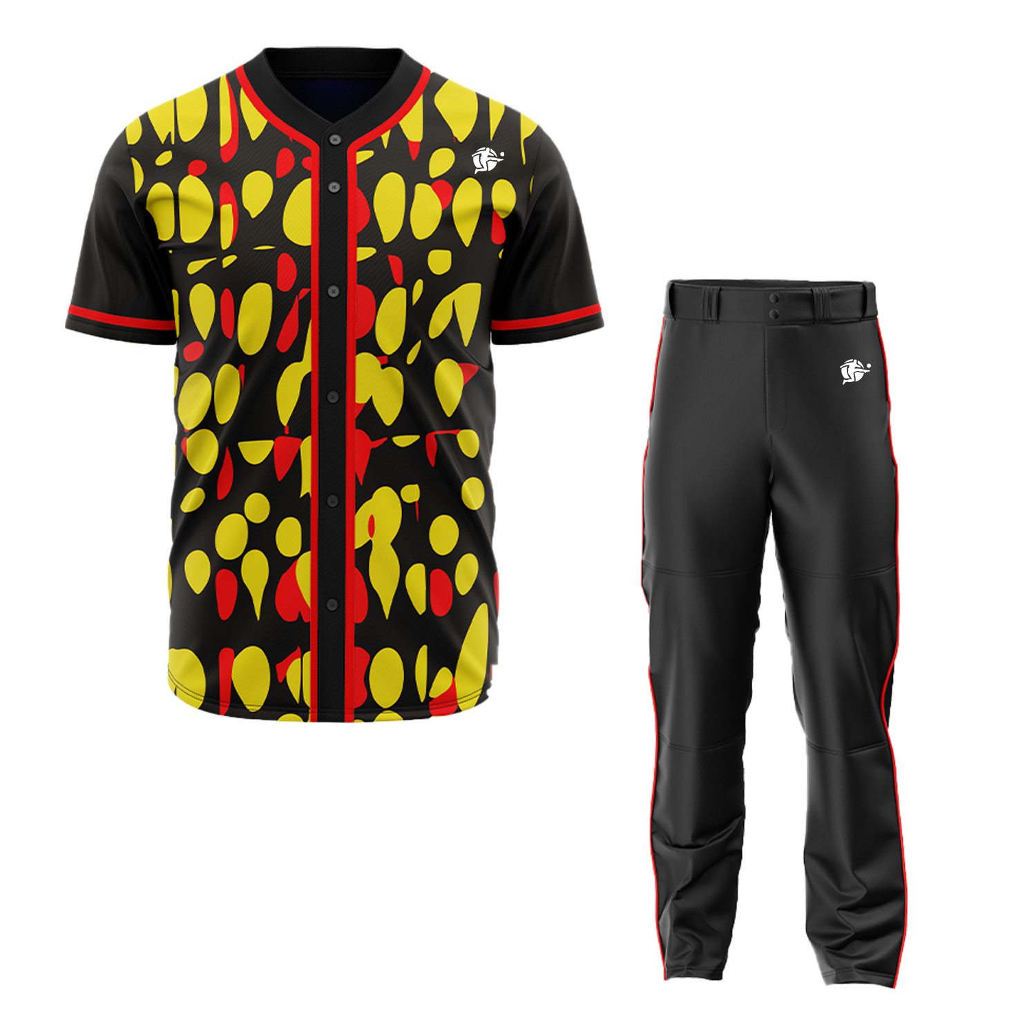 Action shot of sublimated baseball uniforms highlighting the vibrant crimson color panels and sleek detailing of the Quba CrimsonStrike Prime.